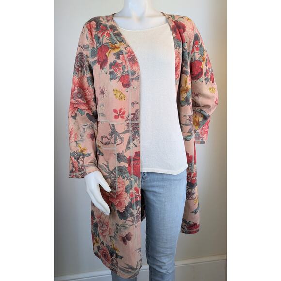 Solitaire Duster Jacket Medium Pink Floral Faux Suede Open Front Pockets Boho - Picture 12 of 12